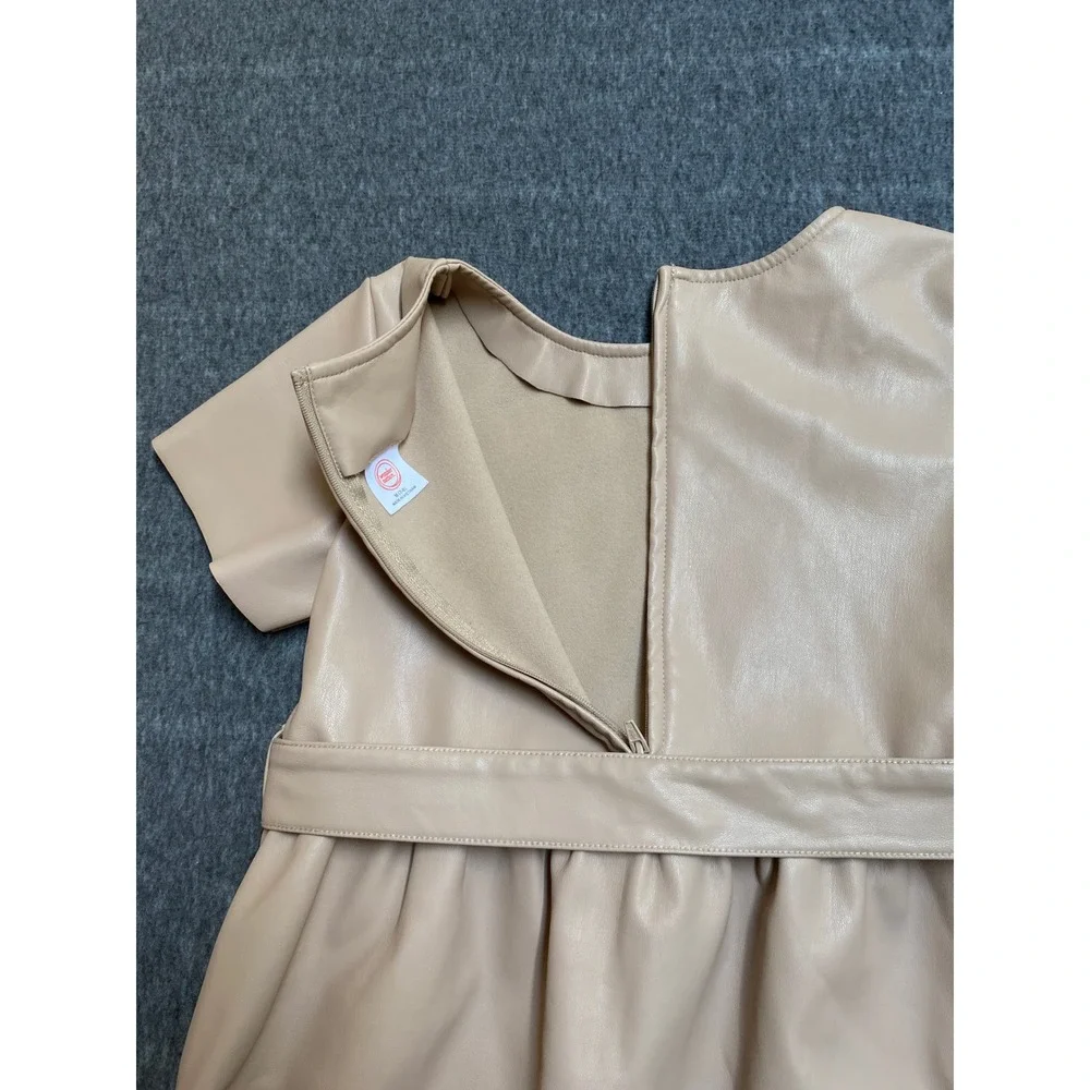 Wonder Nation Girls Beige Faux Leather Belted Dress Short Sleeve Size Medium 7-8